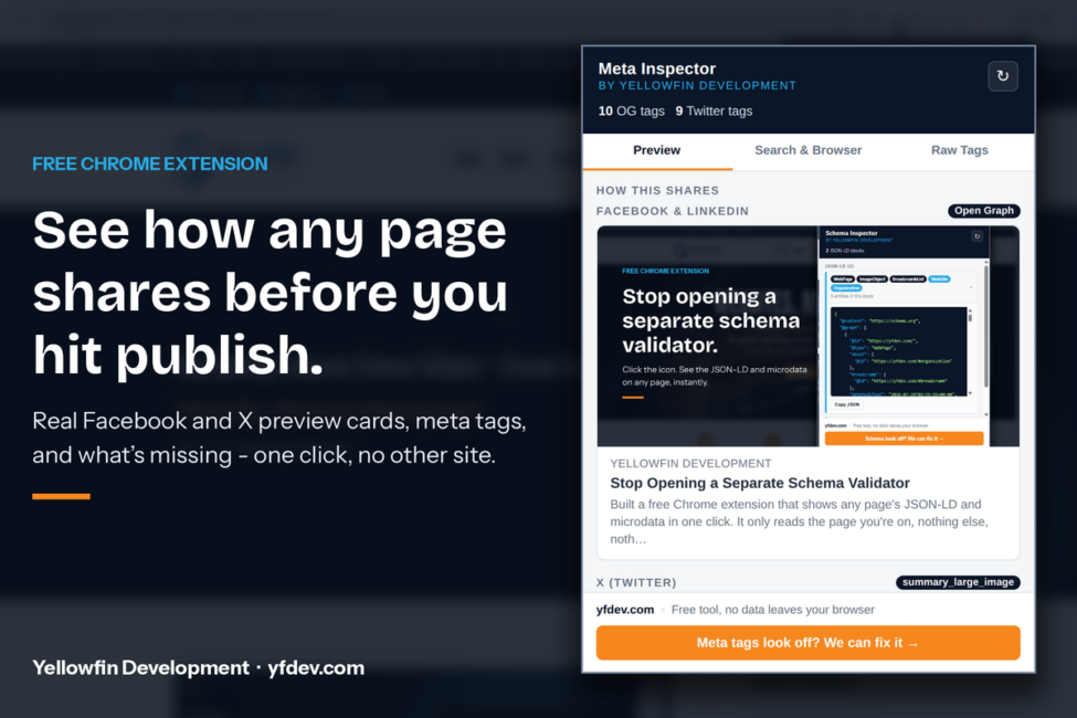 Meta Inspector Chrome extension by Yellowfin showing a rendered Facebook and X social preview card for a webpage