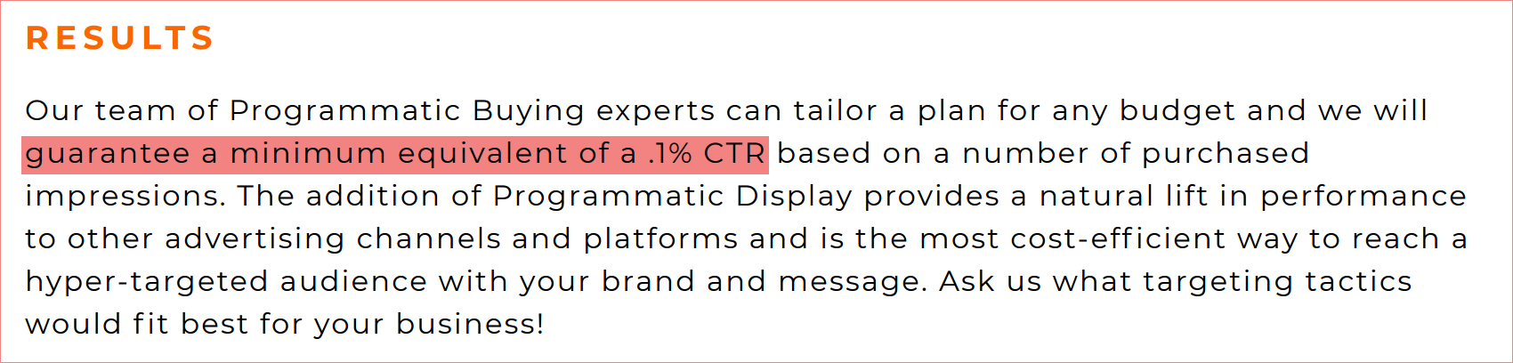 A Guaranteed Minimum 0.1 Percent Click-Through Rate Marketing proposal text guaranteeing a minimum equivalent of a 0.1 percent click-through rate on programmatic display advertising