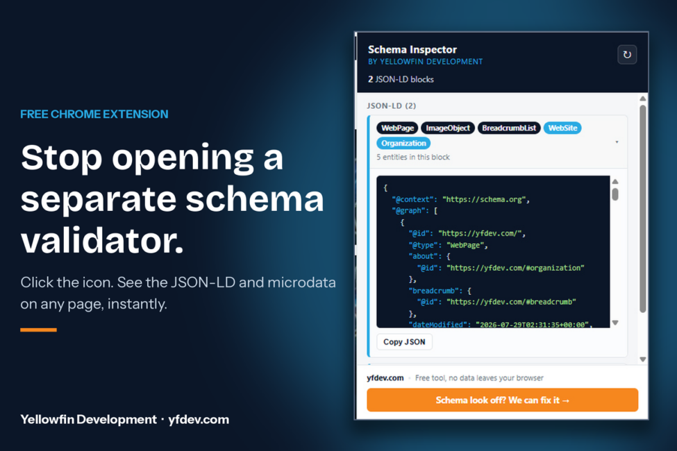 Schema Inspector Chrome extension showing JSON-LD schema markup detected on a webpage