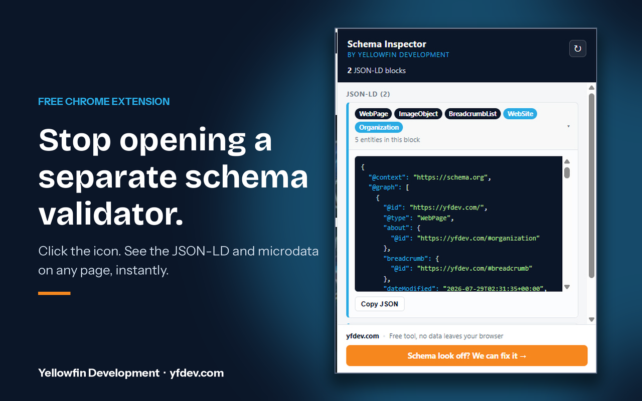 Schema Inspector Chrome extension popup Schema Inspector Chrome extension showing JSON-LD schema markup detected on a webpage