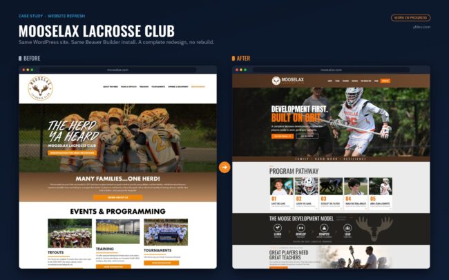 Before and after of the Mooselax Lacrosse Club homepage redesign by Yellowfin Development
