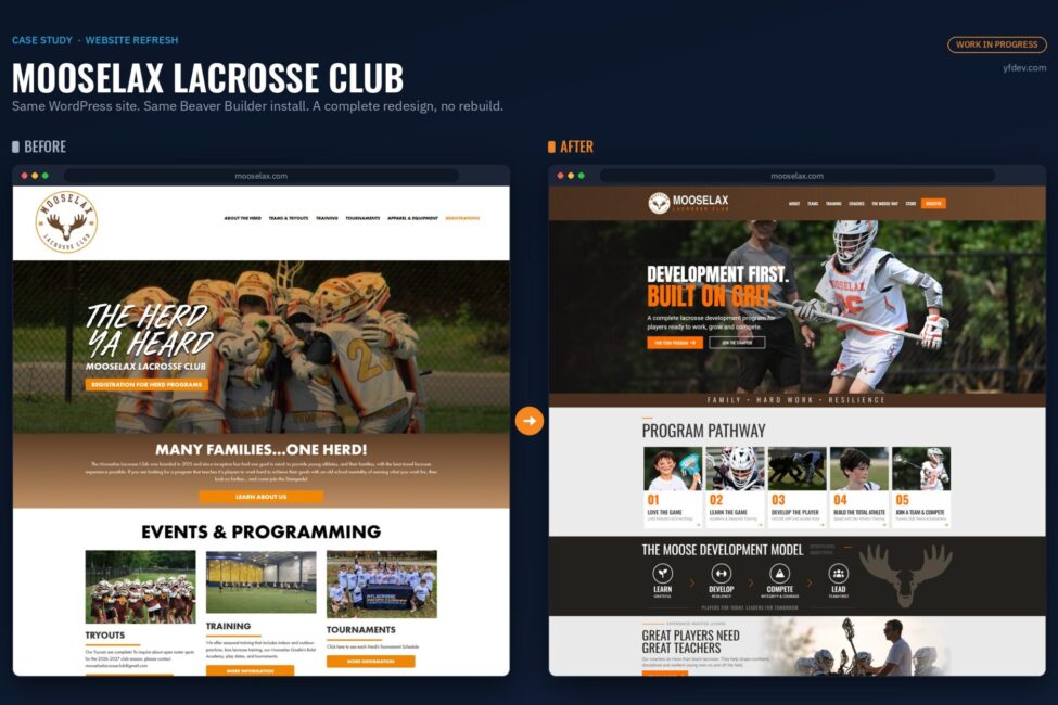 Before and after of the Mooselax Lacrosse Club homepage redesign by Yellowfin Development