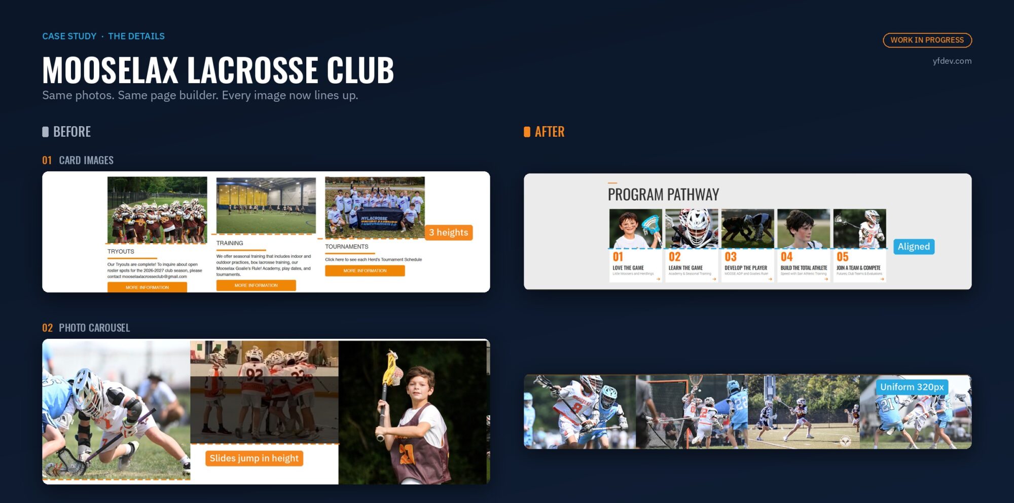 Mooselax Lacrosse Club program cards and photo carousel before and after, showing mismatched image heights fixed